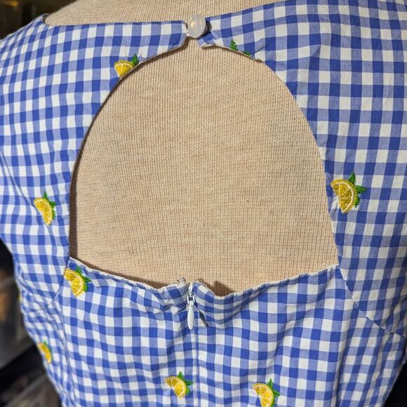 Talbots Blue Cotton Gingham Lemon Embroidered Knee Length Shift Dress Sz 6 - Picture 4 of 7